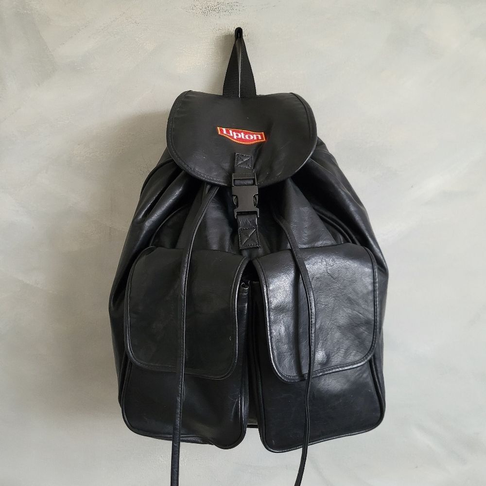 Vintage Black Leather Large Backpack Lipton Patch 19x17